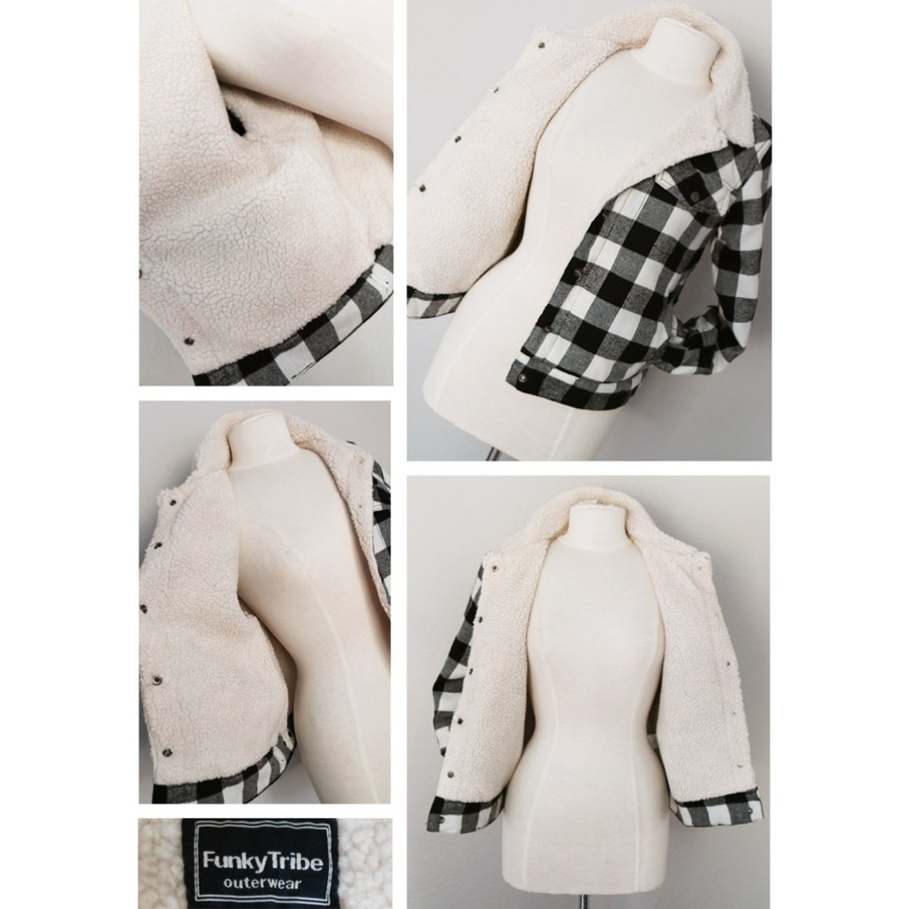 Black Buffalo Plaid Sherpa Trucker Flannel Jacket - Picture 5 of 8